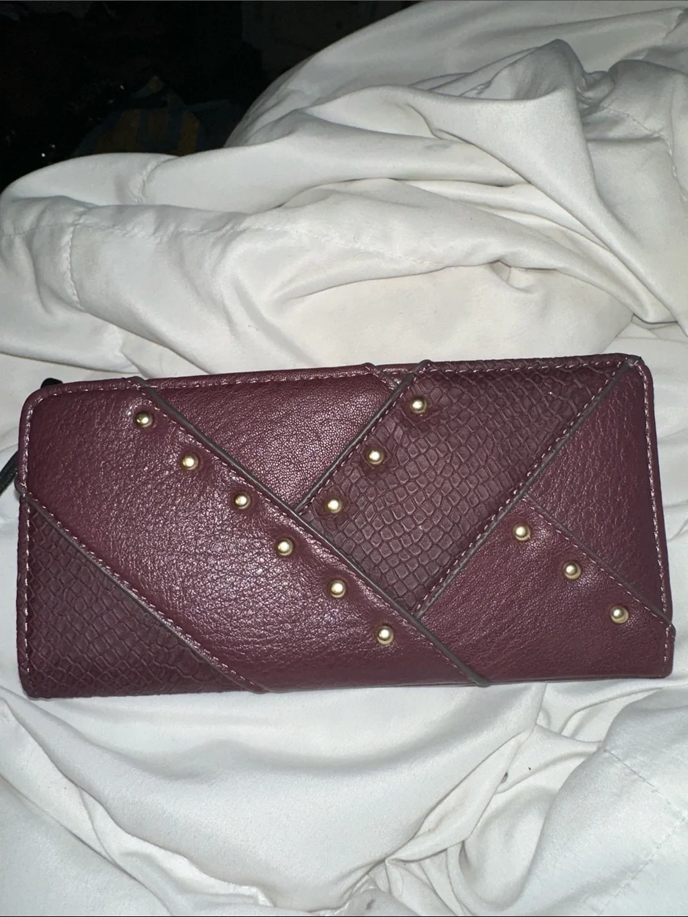 NWT Jessica Simpson Studded Patchwork  Wallet - Burgundy gold acc zip pocket